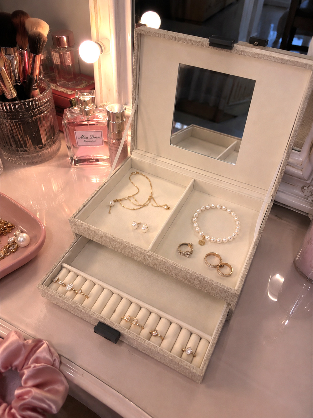 Jewelry Box 2 Tier Organizer Mirror Ring Storage Fabric Covered Beige